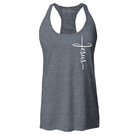 Shop4Ever Women's Jesus Cross Cursive Script Small  Racerback Tank Top XX-Large Charcoal