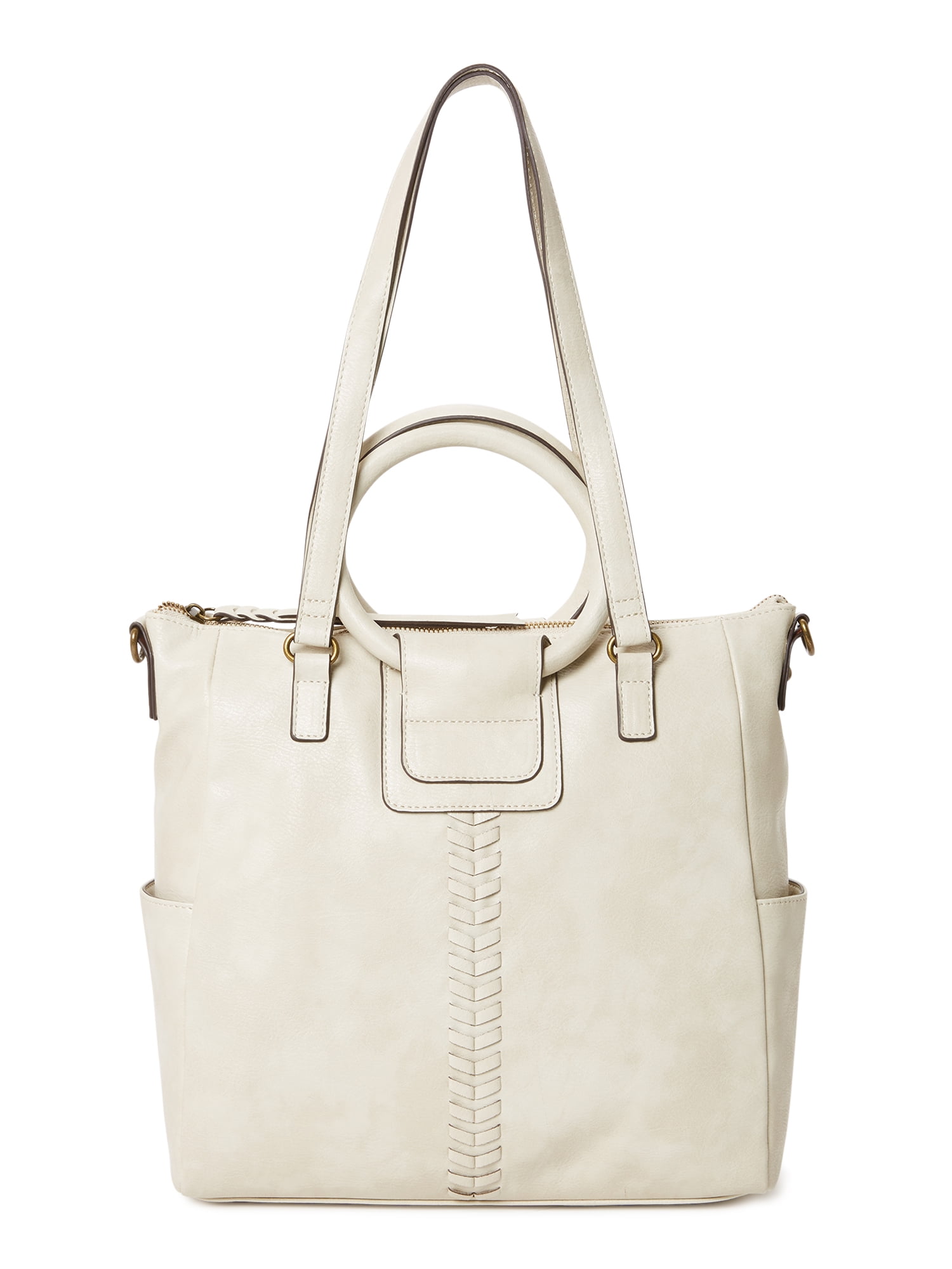 Time and Tru Women's Giselle Faux Leather Convertible Tote Handbag Beige