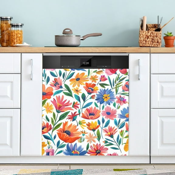 Colorful Flowers with Green Leaf Dishwasher Magnet Cover Magnetic Fridge Door Cover Home Kitchen Decor 23"x 26"