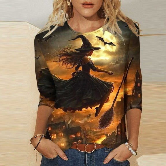 Xdegoge Halloween 3/4 Sleeve Tops for Women Witch Printed Graphic Tee Shirts Funny Holiday Tops Going Out Outfits Dressy Casual Tunic Blouses