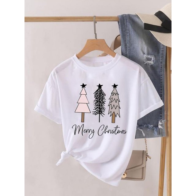 Camiseta de manga corta con estampado de árbol para mujer, blusa bonita de los años 90, ropa de Navidad, camiseta estampada
