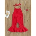 thumbnail image 4 of Toddler Girl Halter Sleeveless Romper Solid Color Ribbed Bell Bottom Jumpsuit, 4 of 8