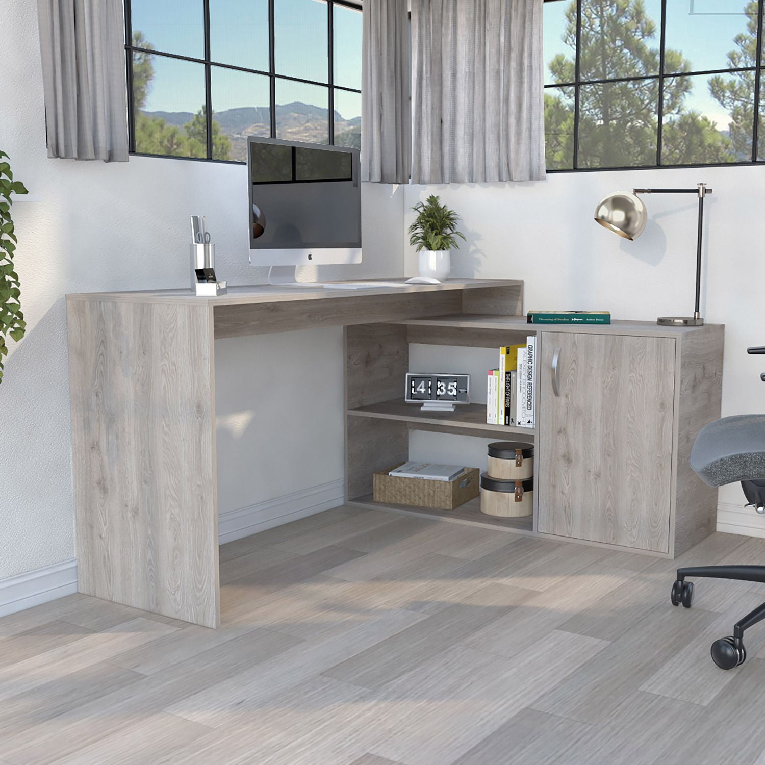 Asteroutdoor L-Shaped Desk Desti, Light Gray Office Desk with Single Door Cabinet and Two Shelves, 59.64 in W x 25.39 in H, Particle Board