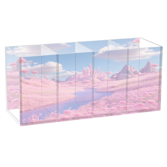 Pink Fairy Tale World Acrylic Pen Holder 4 Compartments Clear Pencil Organizer Cup Makeup Brush Holder for Office Desktop Dorm Home