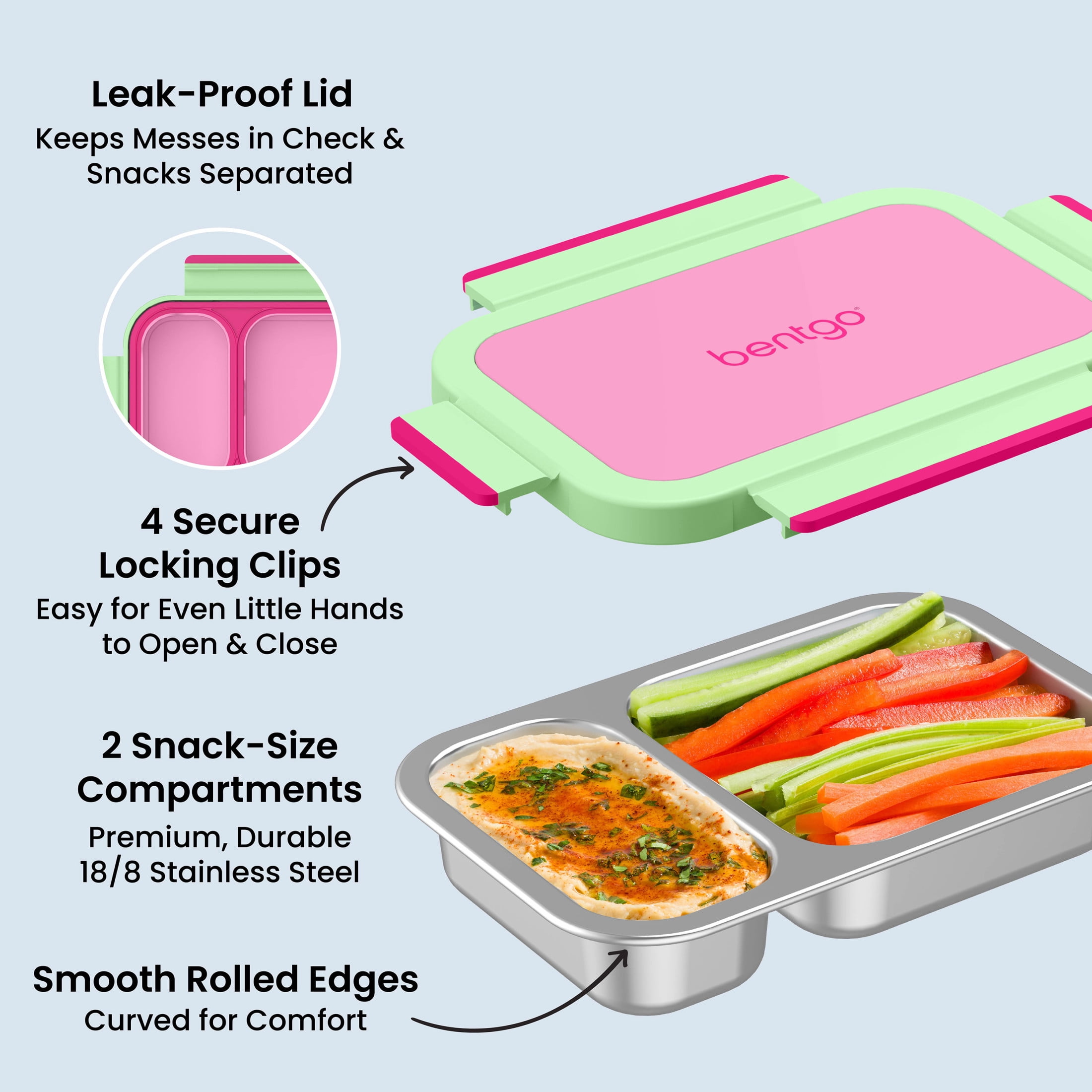Bentgo Stainless Steel Snack Box - Leak-Proof, 2 Compartments, 2-Cup Capacity, Ideal for Kids 3+, Teens & Adults, Durable, Reusable (Strawberry)