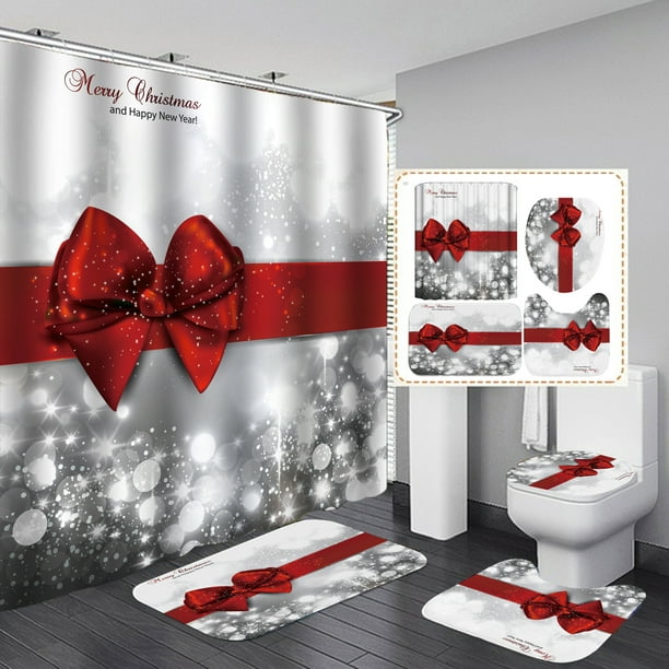 3 Type Silver Red Bow Knot, Santa Shower Curtain Setup