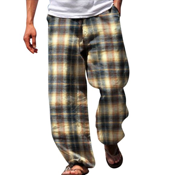 MITCOWBOY Men Linen Pants Mens Classic Plaid Print Sunshine Chiffon Double Pocket Thermal insulation Loose Trousers Mens Pants Casual Beach Pants for Men Brown XL Clearance!