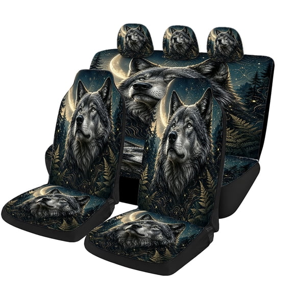 Taplcvy Mystic Moonlit Forest Wolf Patterned Auto Seat Covers, Full Set (5 Seats) Mesh Fabric, Dirt Resistant Universal Fit Protectors for Cars SUVs Vans Trucks, Holiday Gifts for Family Drivers
