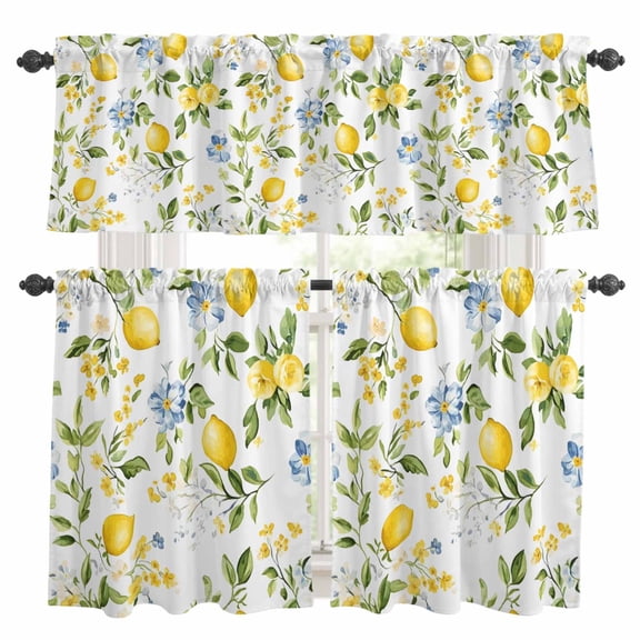 Summer Lemon Kitchen Curtains Set for Windows, Yellow Blue Floral Curtains Valance and Tier 3 Piece Set Small Drapes 36 Inch Length for Kitchen Bedroom Decor