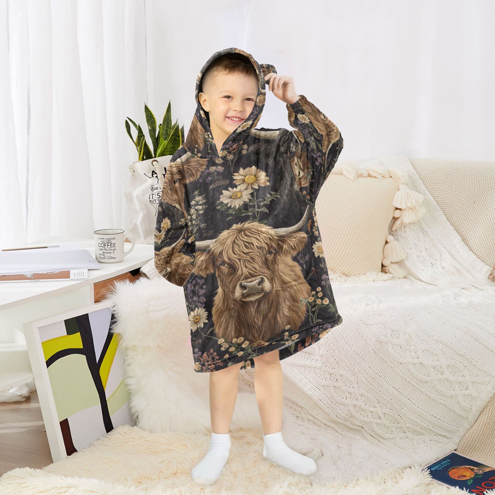 FORMRS Wearable Blanket Hoodie with Sleeves for Kids Cozy Flannel Sweatshirt, Cows and Flowers