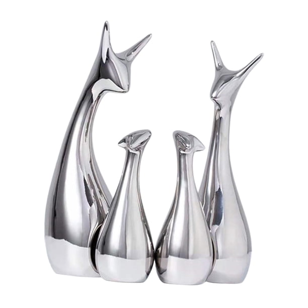 Figuras de la familia de los ciervos, figuras de escritorio, decoración del hogar, esculturas de animales, estatuas de cerámica 4 piezas de plata