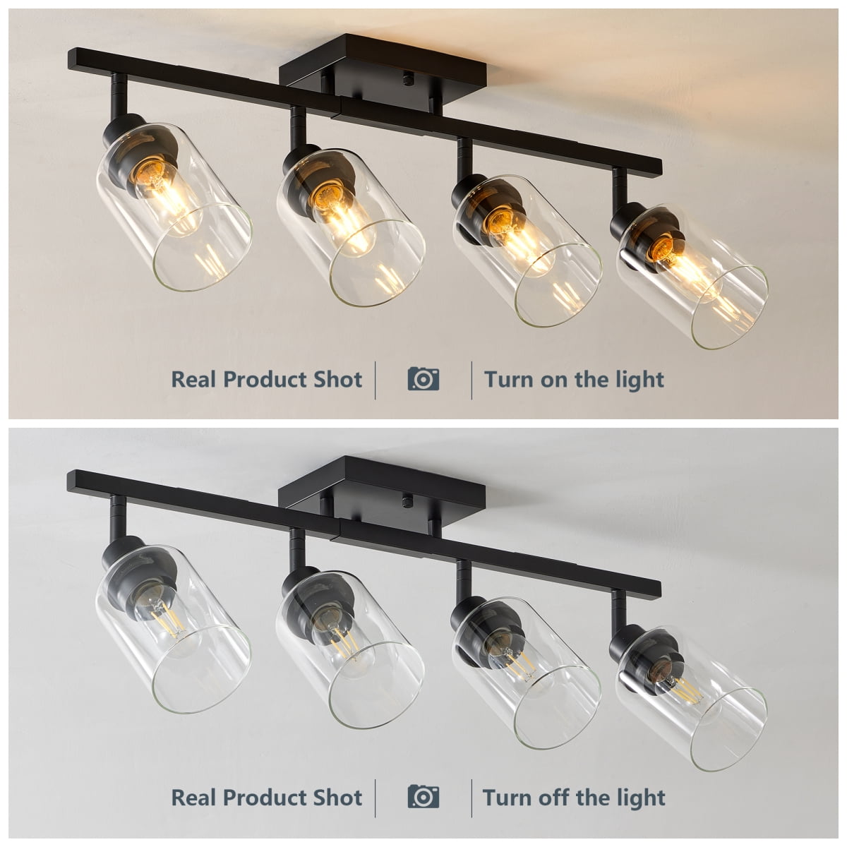 4Lights Semi Flush Mount Ceiling Light, Adjustable Kitchen Light Fixtures Ceiling Mount with Clear Glass Shades, Rotatable Black Track Lighting Fixtures for Hallway, Foyer, Bedroom(Bulb Not Included)