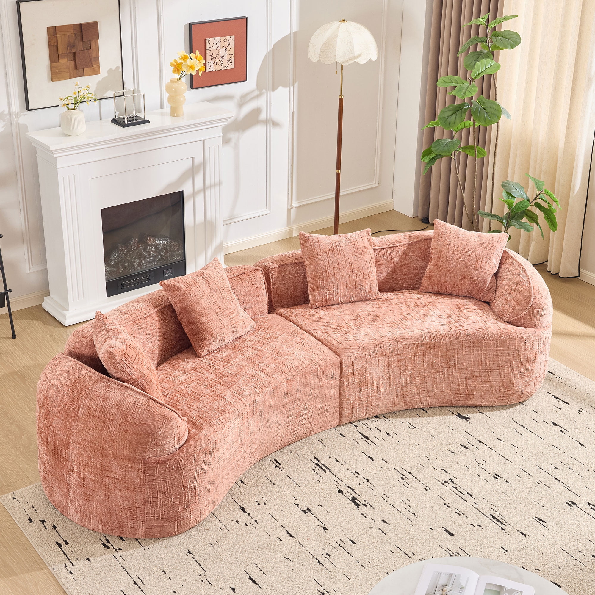 Curved Sofa, Pink Compressed Chenille Sectional with Soft Fabric and Foam Spring Support, Modern 109-Inch Multi-Seater for Apartment Living Room