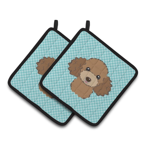 Carolines Treasures BB1194PTHD Checkerboard Blue Chocolate Brown Poodle Pair of Pot Holders , 7.5HX7.5W, multicolor