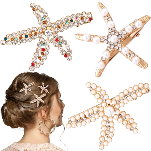 PAGOW 3 pinzas para el pelo de estrella de mar, perlas doradas, pinzas para el pelo con diamantes de imitación de colores, soporte para coleta de cristal con forma de estrella de mar, accesorios para