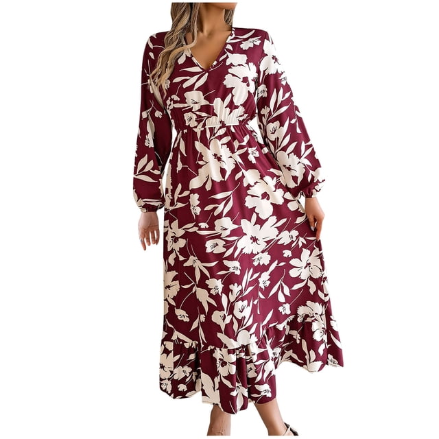 Robe pour Femmes Hiver Décontractée Imprimée Taille Cintrée Manches Longues Col en V, Robe Manches Longues pour Femmes, Robe d'Hiver pour Femmes, Robe Décontractée pour Femmes