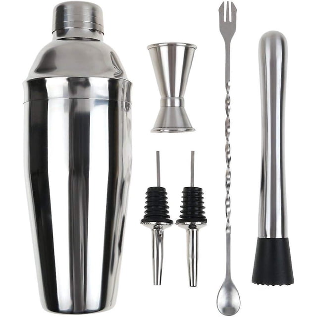 Juego de coctelera, juego de vajilla profesional de acero inoxidable de 6 piezas para cócteles, incluye coctelera de 750 ml, mortero, cuchara mezcladora, medidor doble S