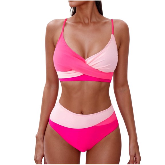 Lopeceal 2 Piece Women Bikini Set Cheeky Color Block Cross Push Up Adjustable Strap Swimsuit And Tummy Control Bottom