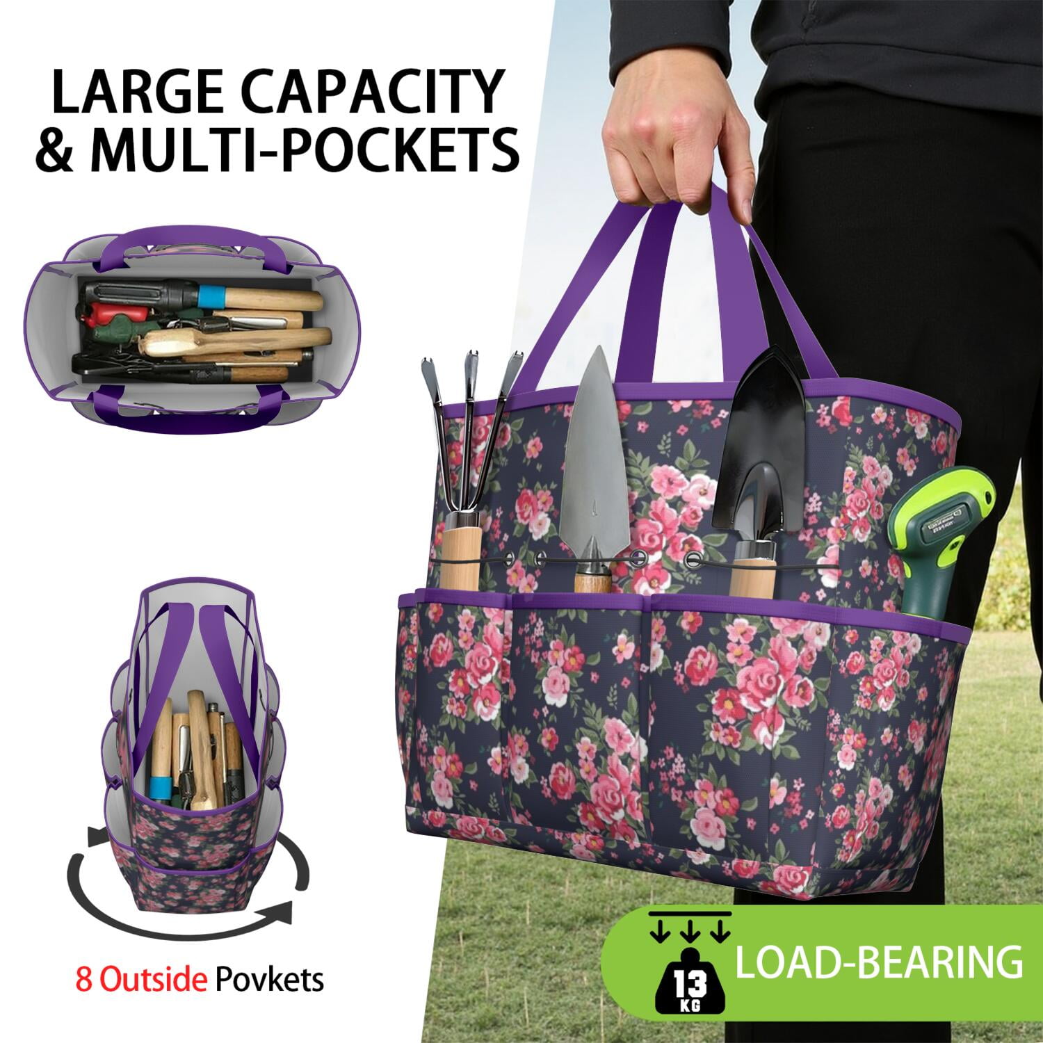 Garden Tool Bag,Pioneer Flower Floral Print Pattern Garden Tool Organizer,Garden Gifts,Waterproof Multi-Pocket Garden Tool Storage 11.8x5.5x11.4 Inch(Tools NOT Included)