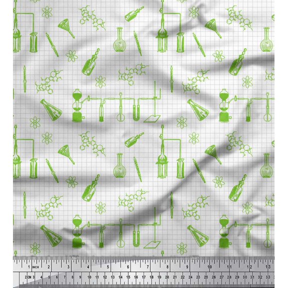 Soimoi Green polyester Crepe Fabric Check & Scientific Lab Equipments Education Theme Decor Fabric Printed Yard 42 Inch Wide