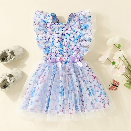 

Huilaibazo Girls Dress Toddler Girls Fly Sleeve Prints Ruffles Backless Tulle Bowknot Princess Dress
