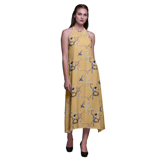 Bimba Bird Printed Women Backless Halter Neck Summer Holiday BeachDress-X-Large