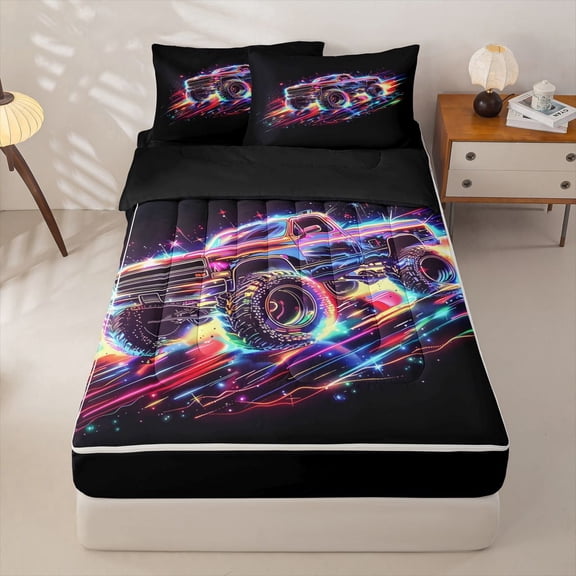 Manfei Monster Truck Zipper Twin Comforter Sets with Fitted Sheet and 2 Pillowcases,Neon Lights Print Zipper Bedding Set,Black,Black Reversible,4pcs