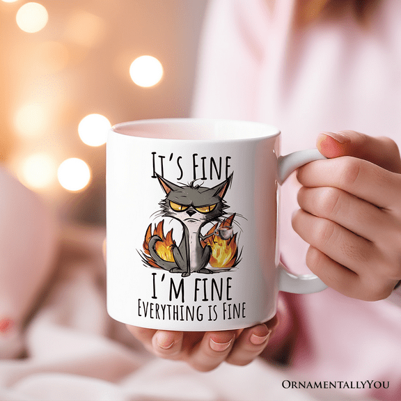 It's Fine I'm Fine Fire Cat Personalized Mug, Sarcastic Gift With Custom Name