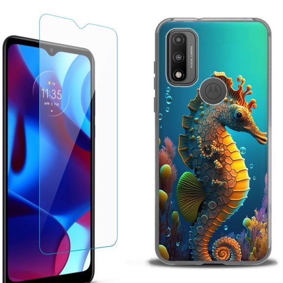 Slim-Fit Fashion Phone Case for Motorola Moto G Pure, with Tempered Glass Screen Protector, by OneToughShield ® - Seahorse