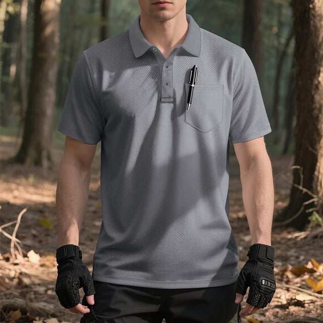 Ceisia Men's Regular Straight Short-Sleeve Functional Polo Shirt Breathable Mesh Chest Pocket Spring Summer Shirt Gift