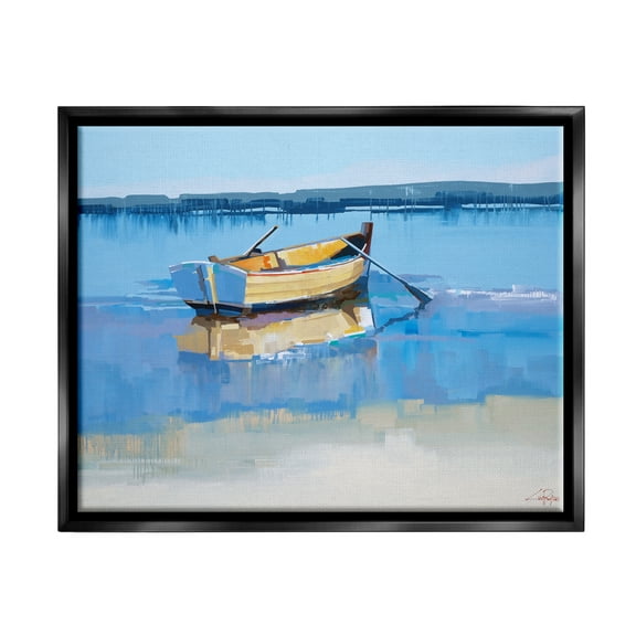 Stupell Industries Row Boat on Blue Coastal Shore Beach Landscape Jet Black Framed Floating Canvas Wall Art, 16x20, by Craig Trewin Penny