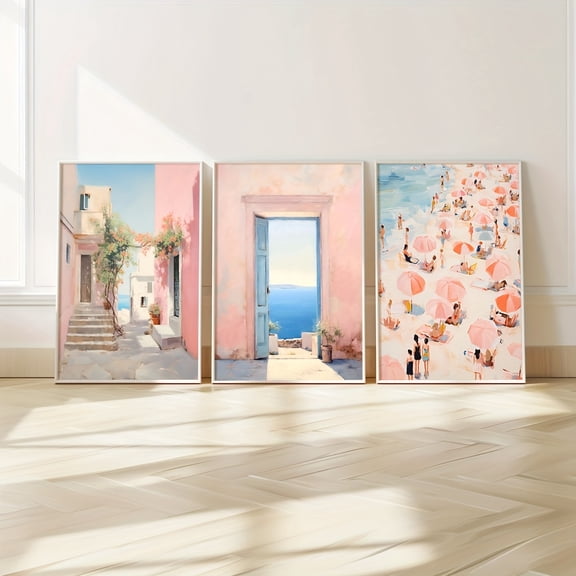 3pcs Pink Preppy Beach Coastal Door Oil Canvas Wall Art Print, Girly Apartment Bedroom Decor, Aesthetic Preppy Prints Posters, Vintage Wall Art, Ideal Gifts for Bedroom, Living Room, Bathroom, Rooms