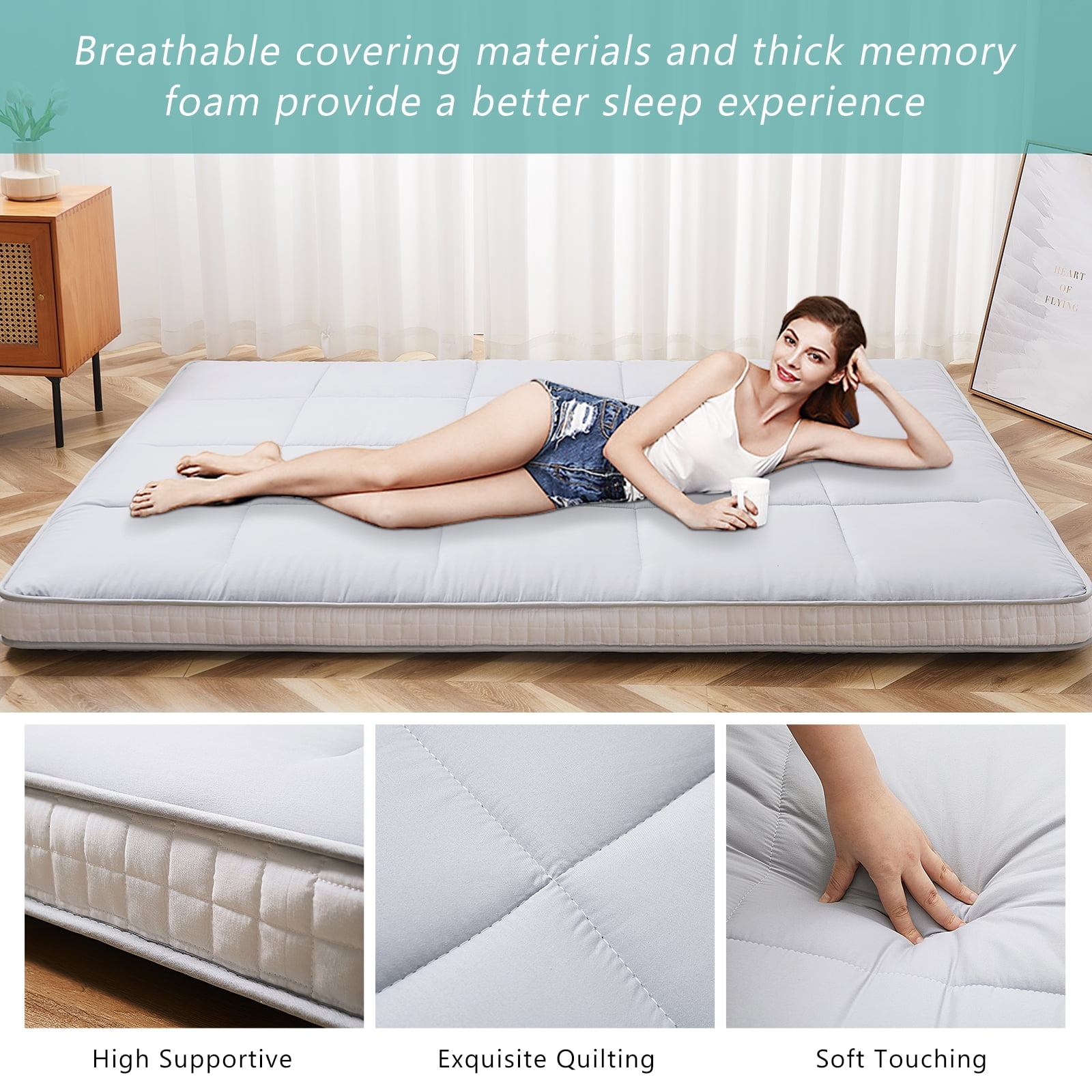 MOPHOTO Floor Mattress Japanese Futon Mattress Extra Thick Folding Sleeping Pad Futon Mattress Portable Camping Mattress Full Size (80*54*4in)