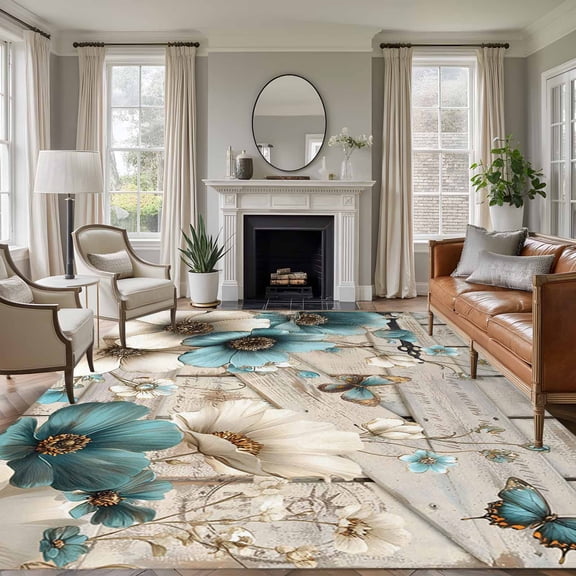 Teal Tulip Butterfly Area Rug 8x10 Washable Rug Non Slip Beige Turquoise Floral Farmhouse Wooden Large Area Rug Soft Stainresistant Indoor Floor Carpet for Living Room Bedroom Home Office Dining Room
