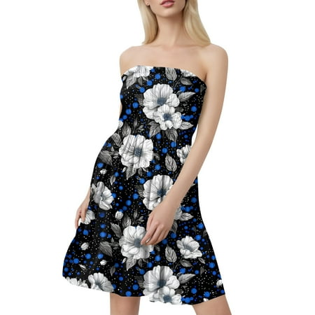 JGNGSHN 2025 Summer Casual Dresses for Women Flowy Trendy Smocked Off Shoulder Sleeveless Beach Dress Boho Floral Strapless Sundresses