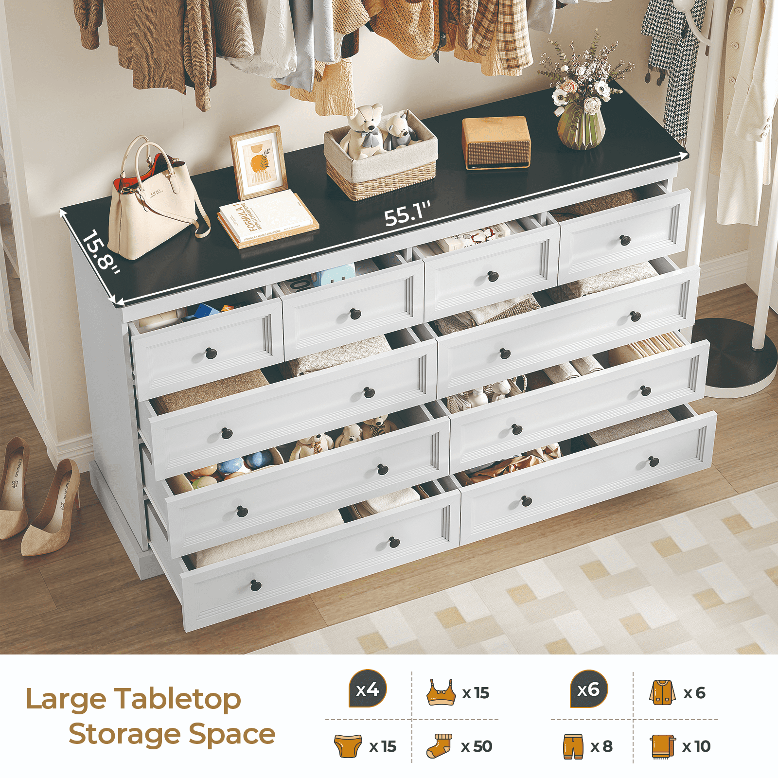Plonmago 10 Drawers Dresser, 55" Large Drawers Dresser for Bedroom, Wood Dressers & Chest of Drawers for Living Room,White