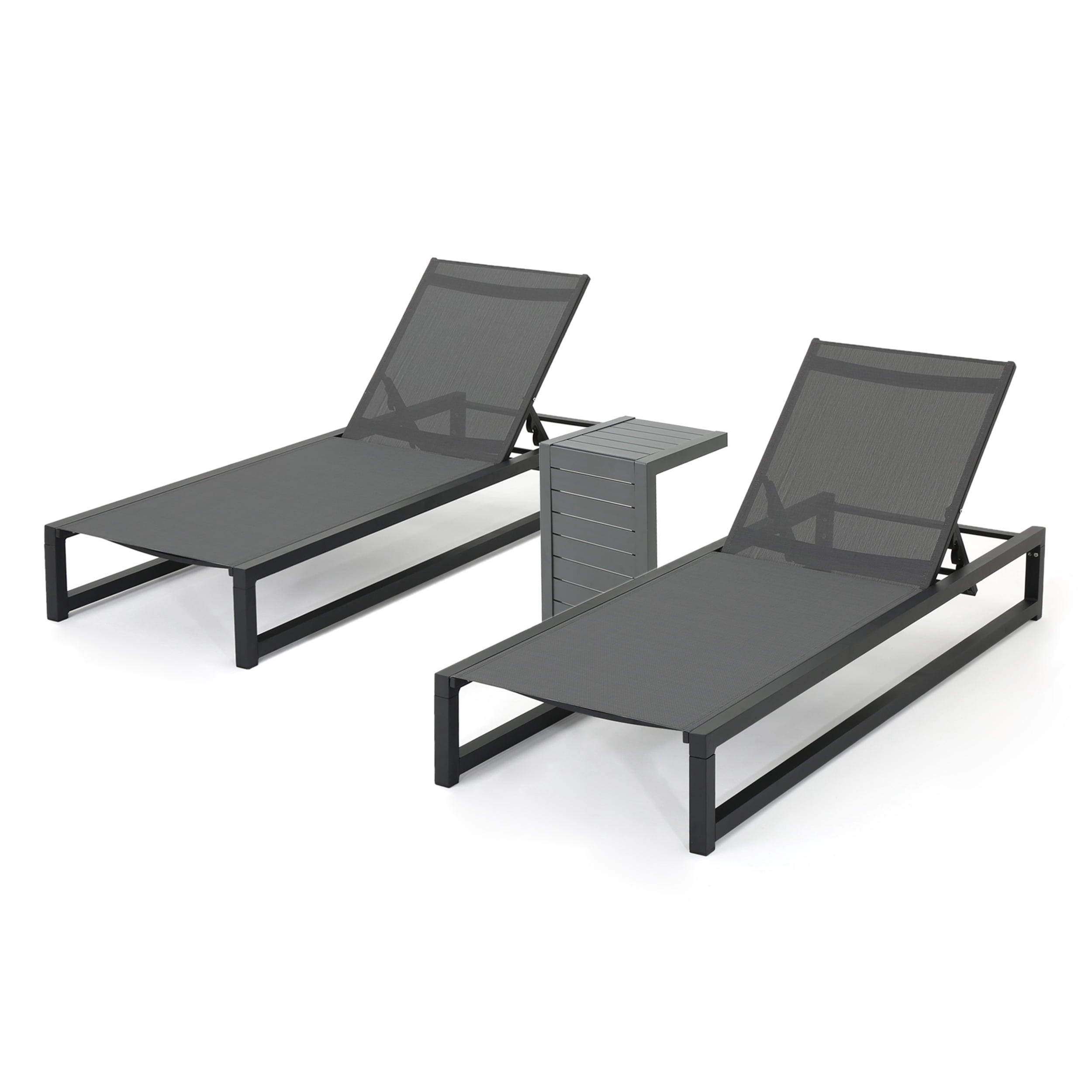 Brooks Outdoor 3 Piece Aluminum Frame Chaise Lounge Set, Grey Mesh, Black