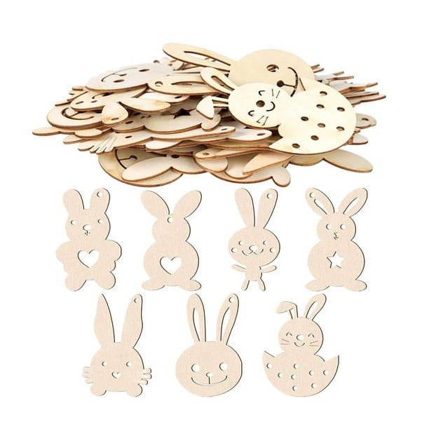 70 recortes de conejos de Pascua de madera, sin terminar, sin pintar, adornos colgantes, etiquetas de madera, recortes de conejo de madera para