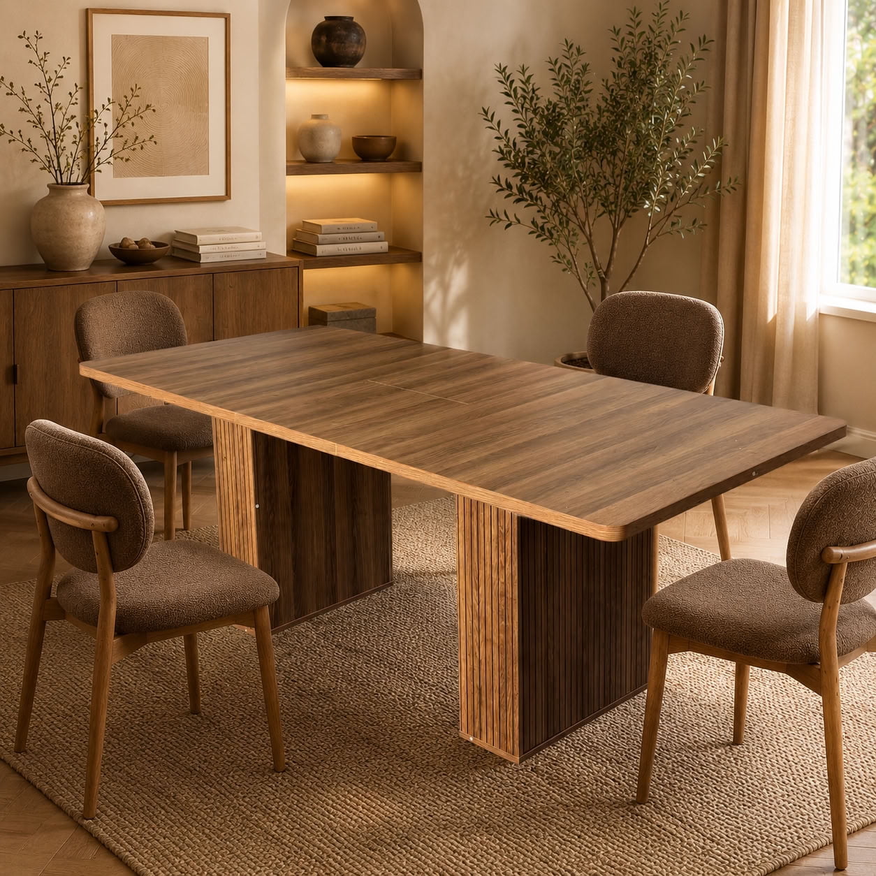 MAYEERTY Extendable Rectangular Dining Table for 6-10, Modern Expandable Kitchen Table with Built-in Storage Cabinet & Hidden Extension Leaf, for Dining Room, Apartment, Kitchen