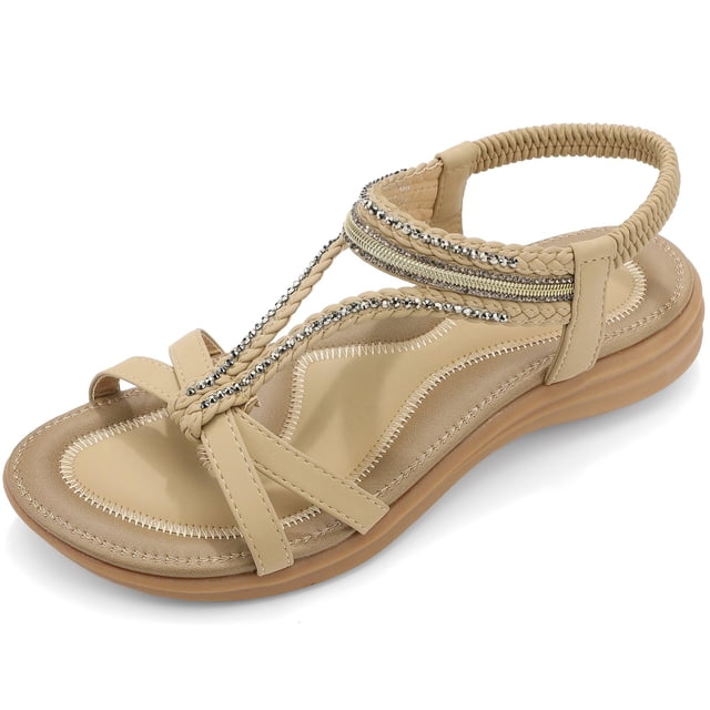 Sandalias UBFEN para mujer, bohemias, planas, con correa trasera, color caqui brillante