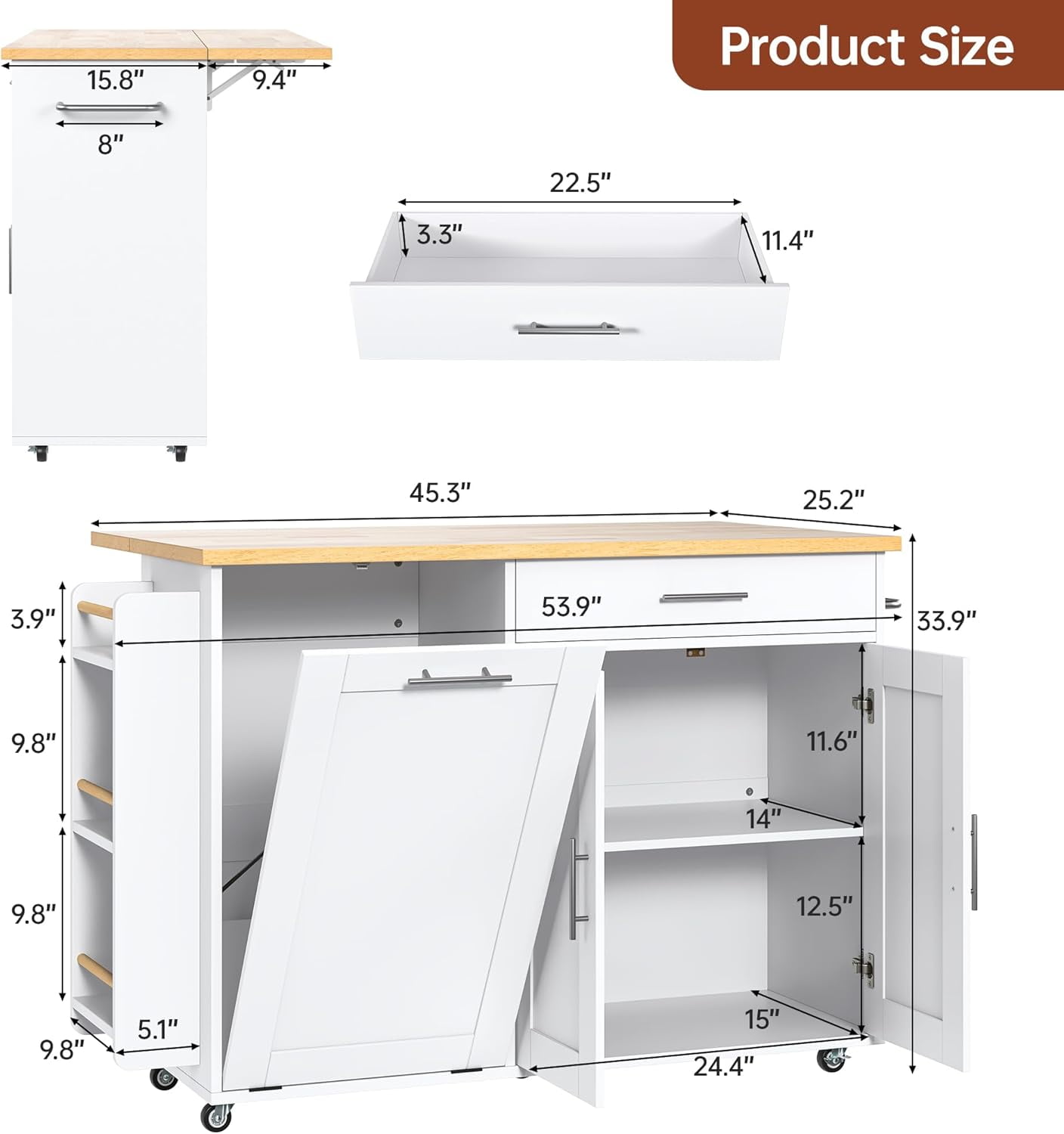 3-Tier Kitchen Island with Hidden Trash Can Storage, Rolling, Drop Leaf, Spice Rack & Drawer