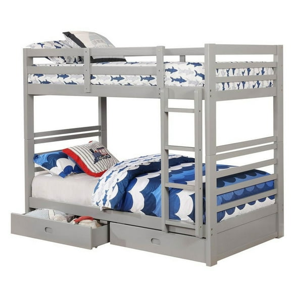 Benjara Transitional Twin Over Twin Bed with Attached Ladder and Drawers, Gray