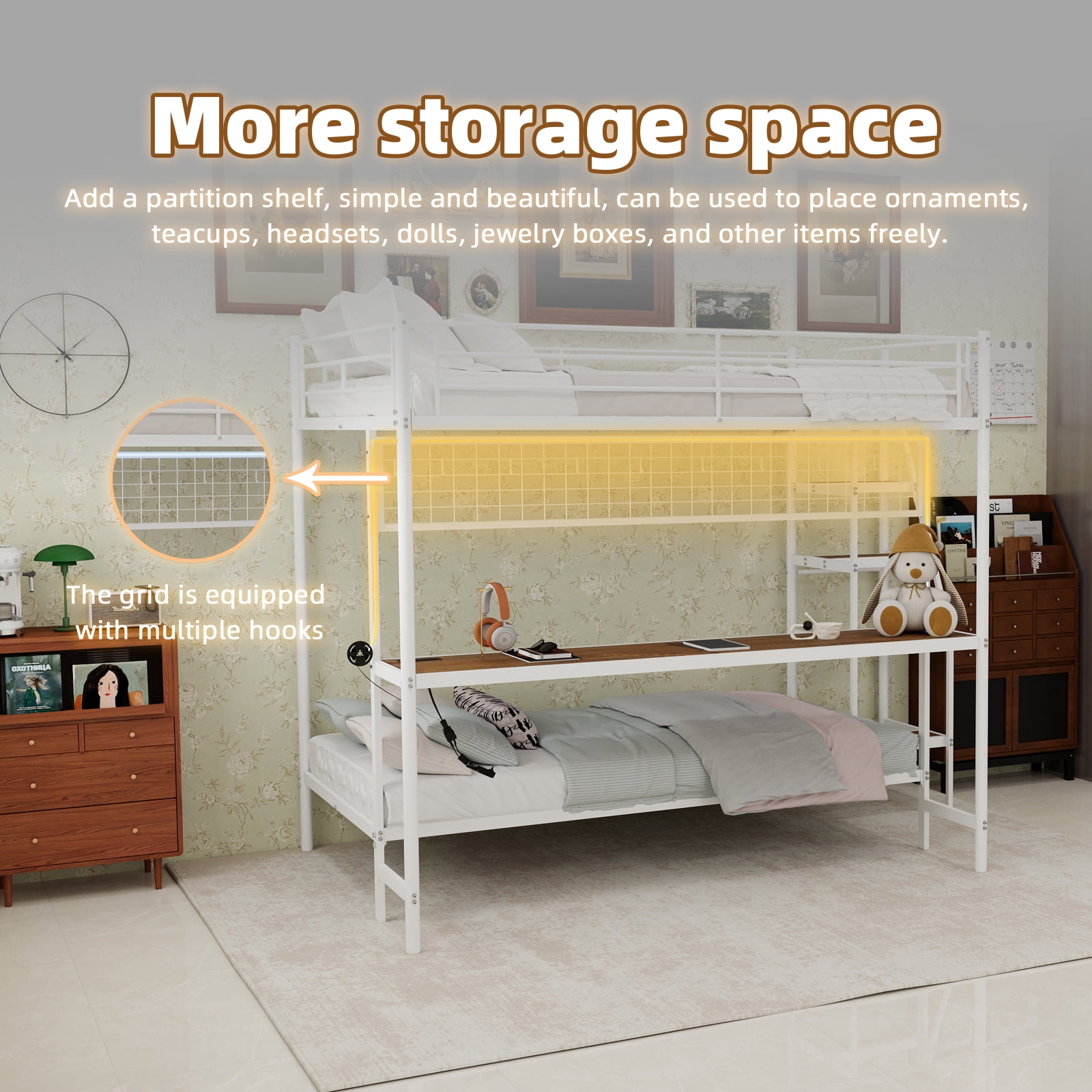 Alvantor Full over Twin Bunk Bed with Desk & LED Lighting, Metal Bunk Bed Frame for Kids/Teens, No Box Spring Needed White