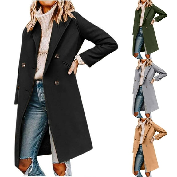 HAPIMO Women's Casual Woolen Coat Double Breasted Midi Peacoat Trench Coats Coat Long Sleeve Outwear Button Up Flannel Jackets Fall Winter Outfits Fashion Black L