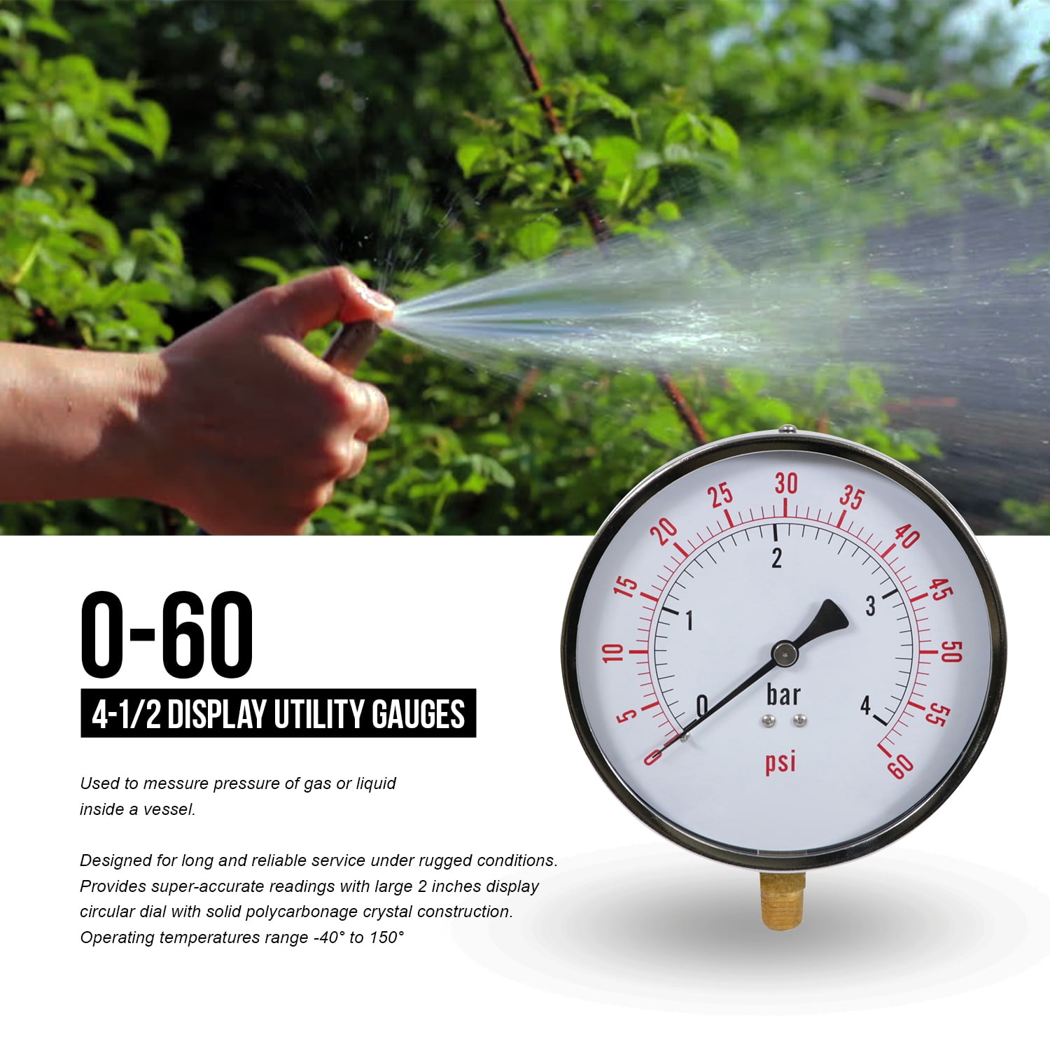 Supply Giant 4.5" Utility Dry Water Pressure Gauge 60 PSI, 1/4" NPT Lower Mount