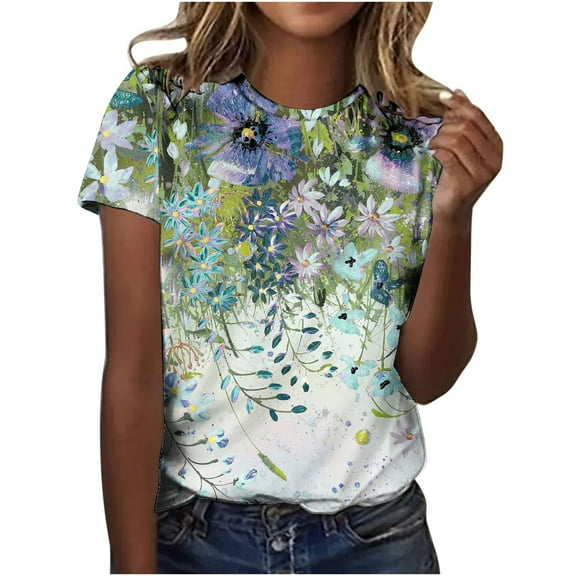 ICHUANYI Women's Short Sleeves Round Neck T Shirt Fashion Summer Floral Print Regular Tops