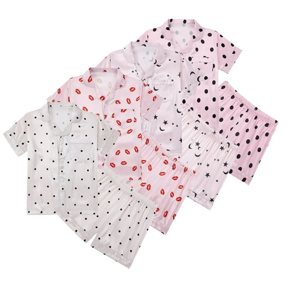 YTDSCS Kids Toddler Satin Pajamas 2 PCS Set for Girls Boys Summer Printed Soft Silky Button down Sleepwear Pjs Outfit Size 5-14