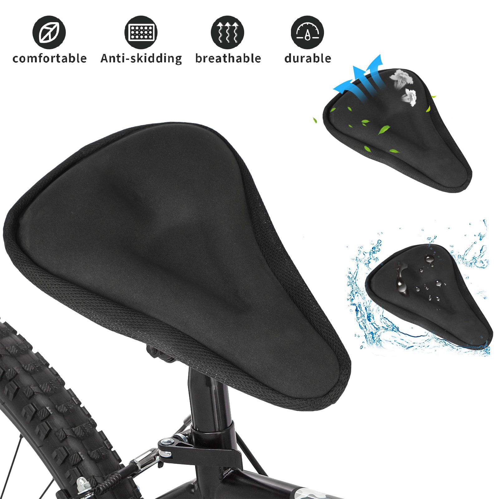 Free-fly Large Bike Seat Cushion with Drawstring- Extra Soft Gel Bicycle Seat Fits Cruiser and Stationary Bikes Non-Slip Bike Seat Pad Cover Black Indoor Cycling 