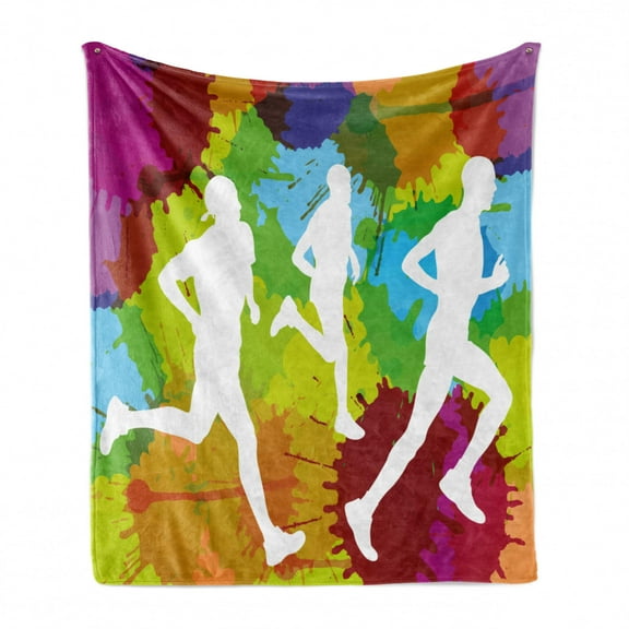 Fitness Soft Flannel Fleece Throw Blanket, Runners Silhouettes on Watercolor Splashes Jogging Outdoors Sportsman Marathon, Cozy Plush for Indoor and Outdoor Use, 60" x 80", Multicolor, by Ambesonne
