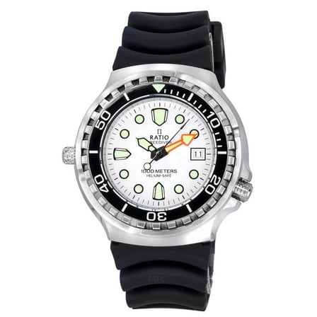 Ratio 1038EF102V-WHT 45 x 12 mm FreeDiver Helium Safe Sapphire Quartz White Dial 1000 m Mens Watch